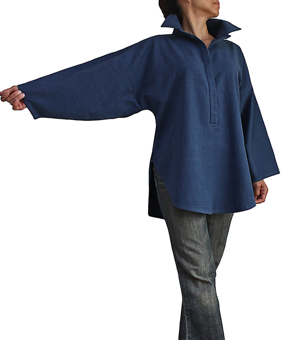 ジョムトン手織り綿のゆったりシャツ襟プルオーバー（BFS-136） 4枚目の画像