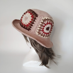 奶奶方形圖案棉質帽子（粉米色） 第5張的照片