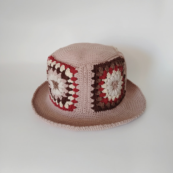 奶奶方形圖案棉質帽子（粉米色） 第1張的照片