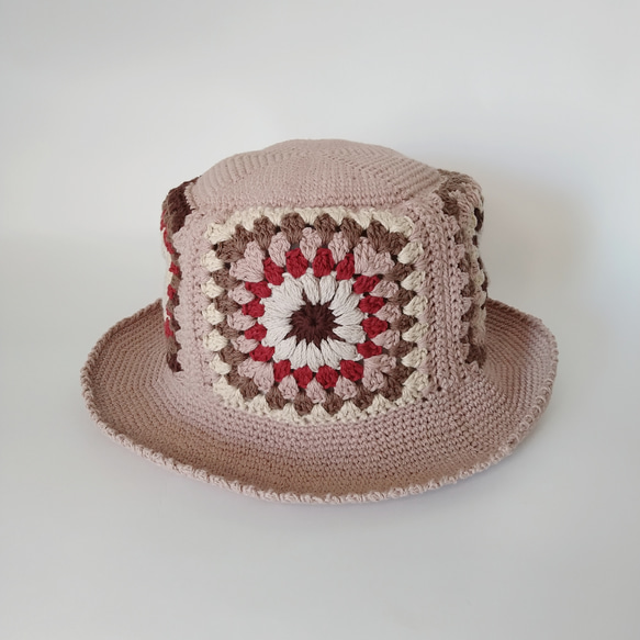 奶奶方形圖案棉質帽子（粉米色） 第8張的照片
