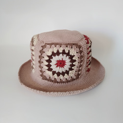 奶奶方形圖案棉質帽子（粉米色） 第9張的照片