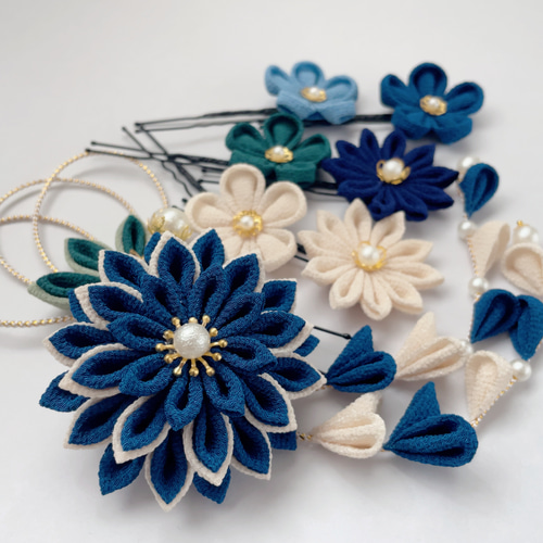 紺青＊華ダリア ❁振袖髪飾り【和 つまみ細工】結婚式・成人式・卒業式