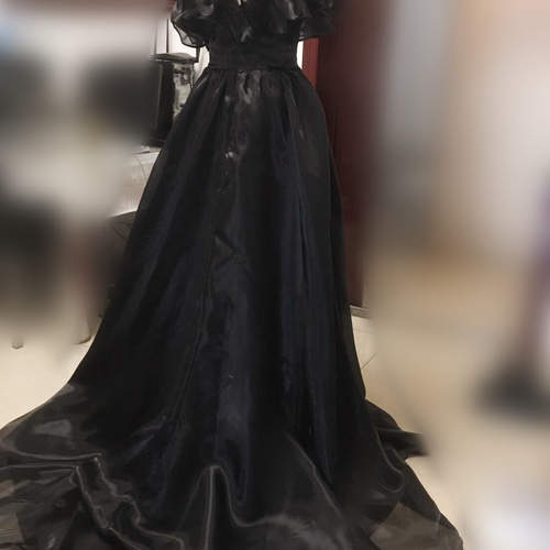 黒 カラードレス オフショルダー ソフトチュールロングトレーン音楽会  