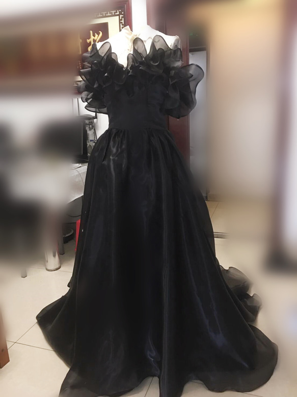 黒 カラードレス オフショルダー ソフトチュールロングトレーン音楽会  