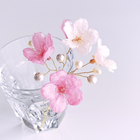 【受注制作】Everpink Bloom. 本物のお花　 桜とパールの揺れる髪飾り（ソメイヨシノ＆早咲きピンク）ワイヤー 3枚目の画像
