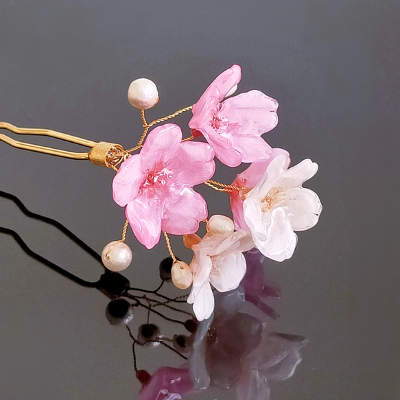 【受注制作】Everpink Bloom. 本物のお花　 桜とパールの揺れる髪飾り（ソメイヨシノ＆早咲きピンク）ワイヤー 2枚目の画像