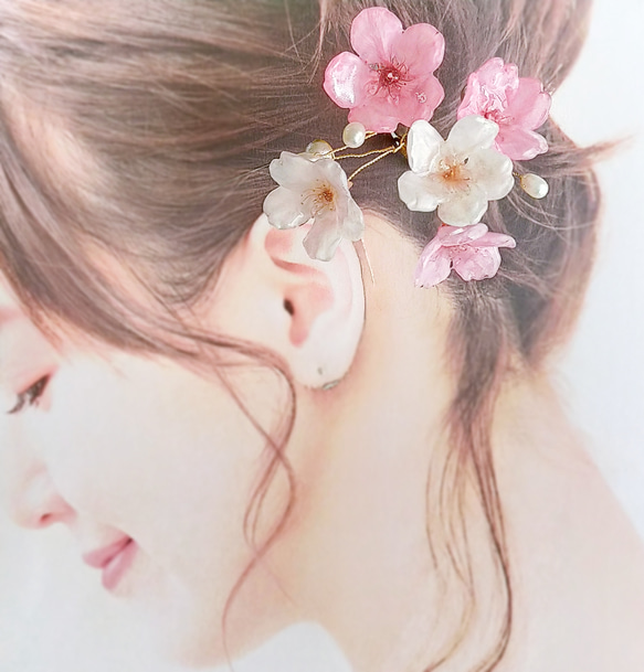 【受注制作】Everpink Bloom. 本物のお花　 桜とパールの揺れる髪飾り（ソメイヨシノ＆早咲きピンク）ワイヤー 9枚目の画像
