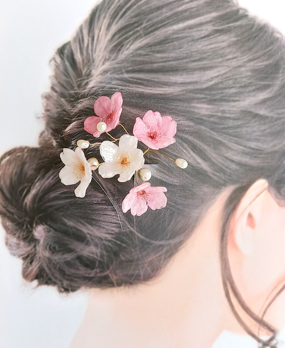 【受注制作】Everpink Bloom. 本物のお花　 桜とパールの揺れる髪飾り（ソメイヨシノ＆早咲きピンク）ワイヤー 11枚目の画像