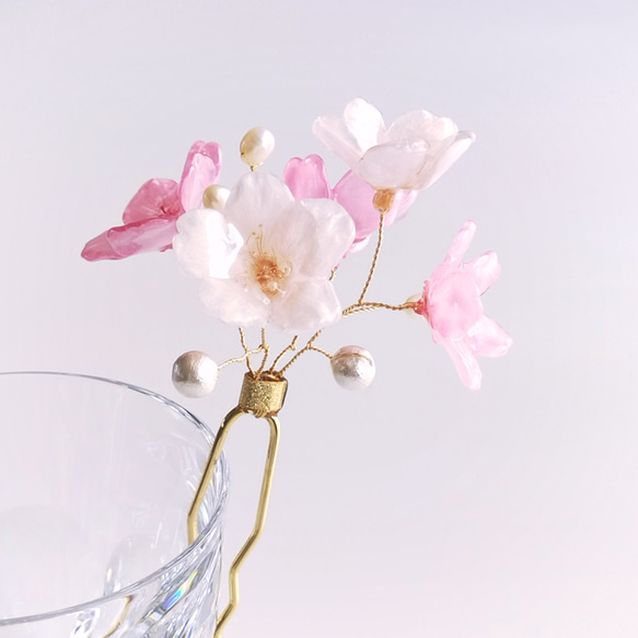【受注制作】Everpink Bloom. 本物のお花　 桜とパールの揺れる髪飾り（ソメイヨシノ＆早咲きピンク）ワイヤー 7枚目の画像