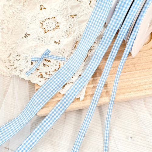 ギンガムチェック】韓国ファッション リボン スカイブルー《単位2