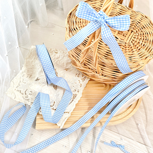 ギンガムチェック】韓国ファッション リボン スカイブルー《単位2