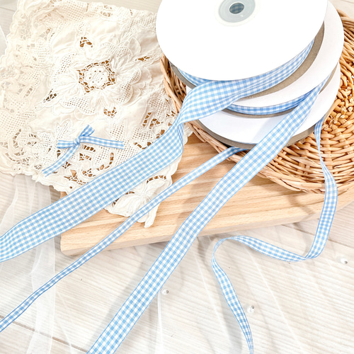 ギンガムチェック】韓国ファッション リボン スカイブルー《単位2