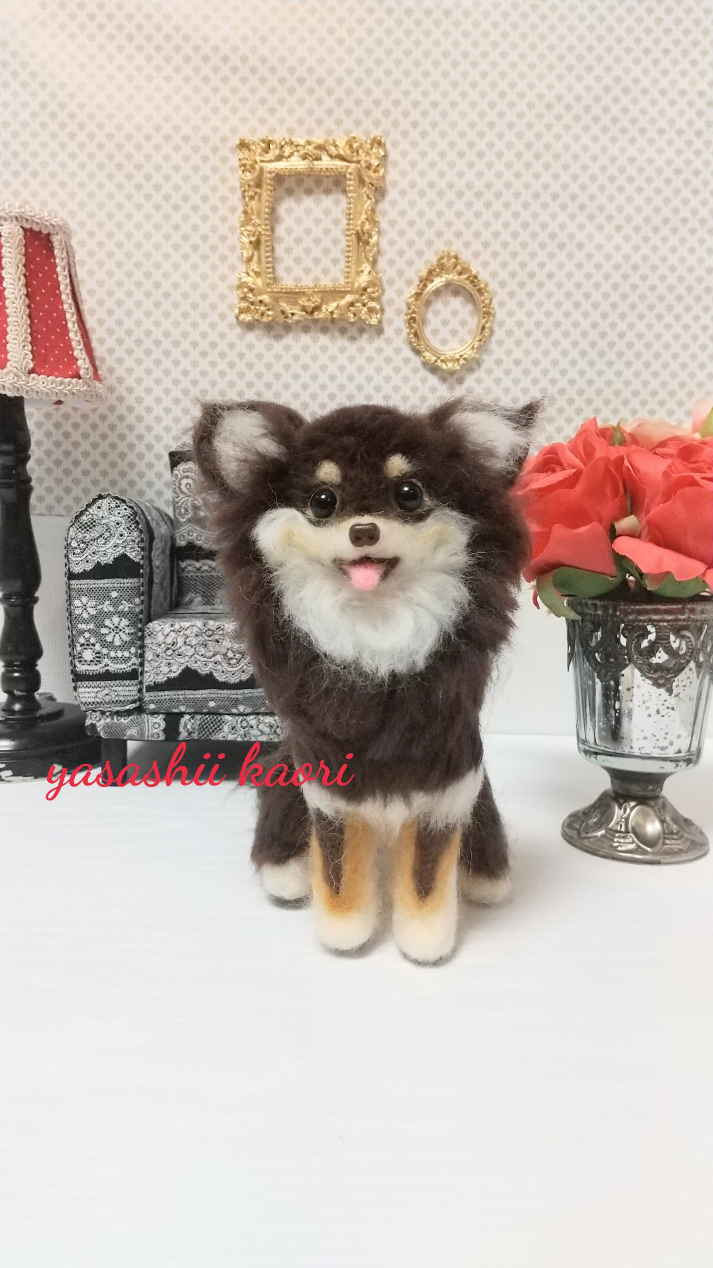 ミニチュア羊毛フェルト【6.5cmのチワワ・チョコタンホワイト