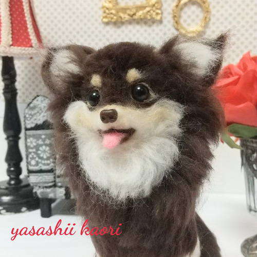 羊毛フェルト ロングコートチワワ チョコタン / チワワぬいぐるみ