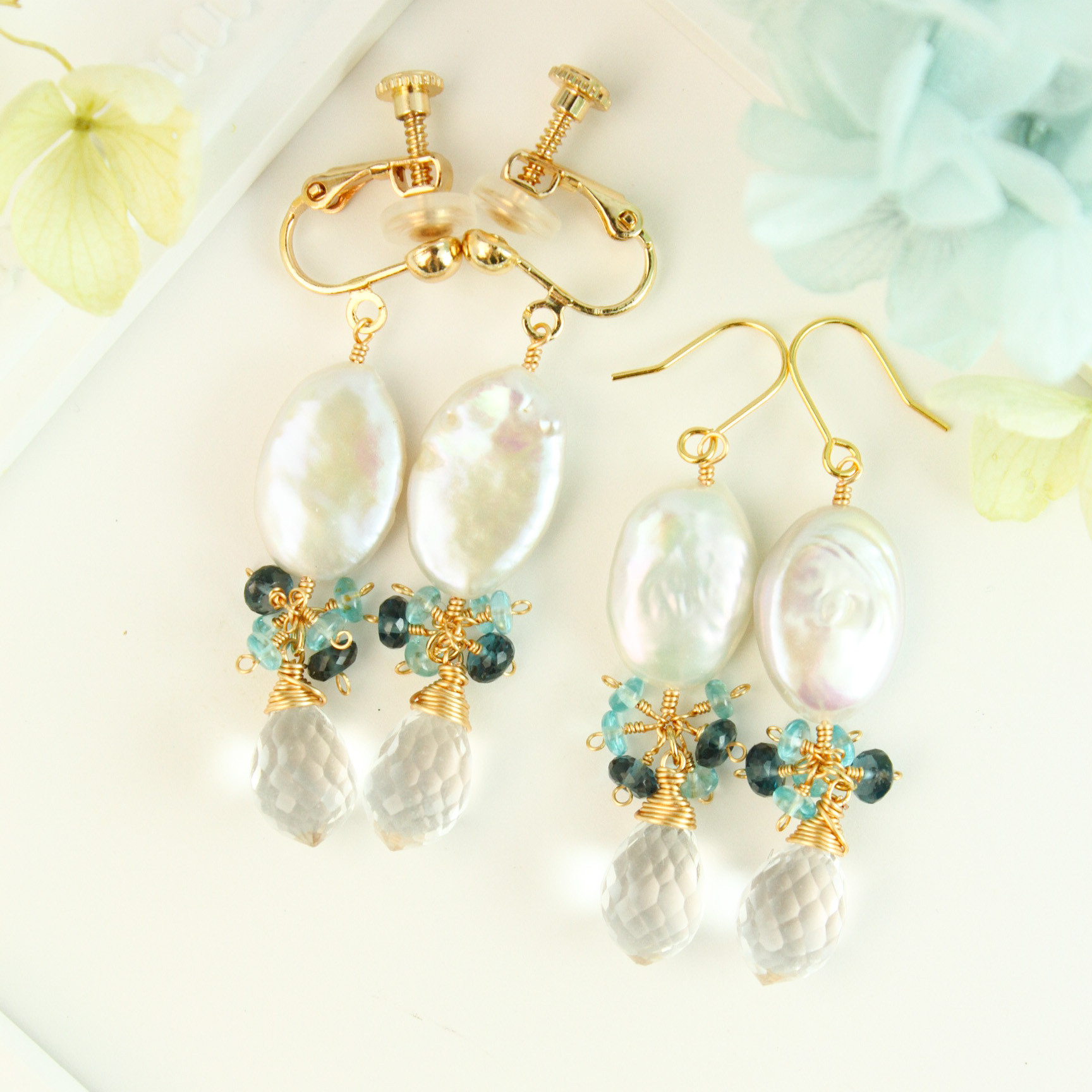 【高品質】ロンドンブルーが煌めく　パールとクリスタルの耳飾り