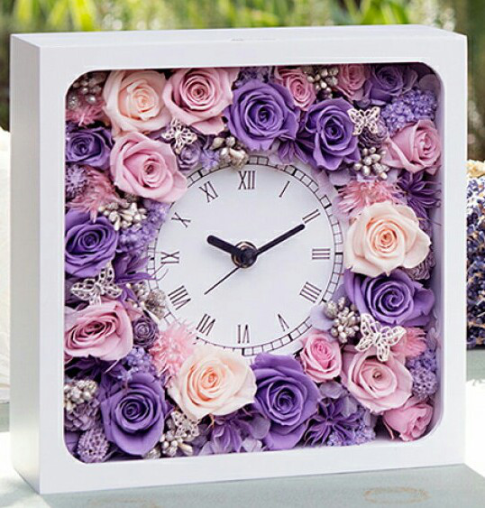 creema限定母の日フラワー2025★プリザーブドフラワーとドライフラワーの花時計①ピンク・紫★