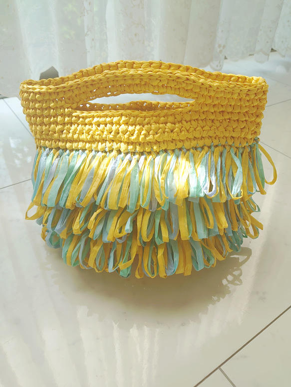 ペーパーヤーン フリンジバッグ イエロー 編み ハンドバッグ