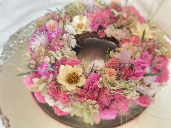 【人気】Spring wreathe リモニウムリース 母の日 誕生日 プチギフト ドライフラワー 癒し 1枚目の画像