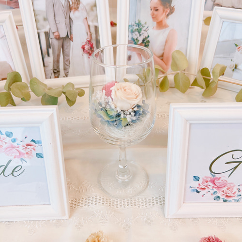 結婚式準備　ウェルカムスペース　パステルカラーの造花アレンジメント 結婚式 ウェディング 「ウェルカムスペースセット ワイングラス