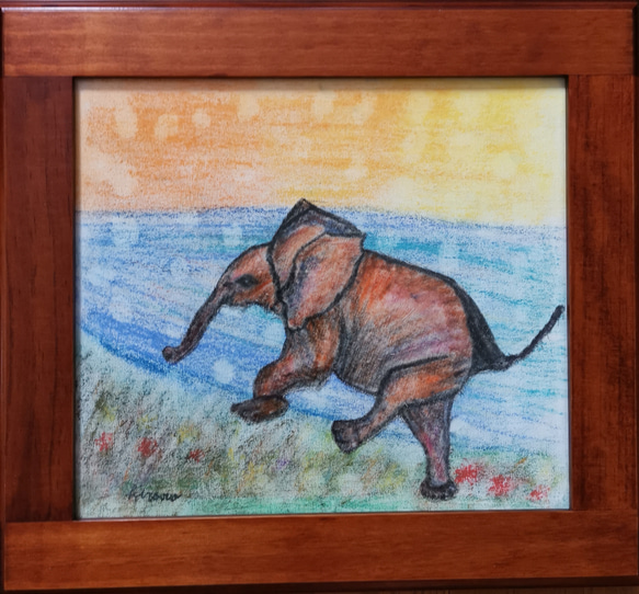 はみんぐ象 ガレーシア 夢を叶える象 クレヨン パステル オーガニックコットン使用 原画 1枚目の画像