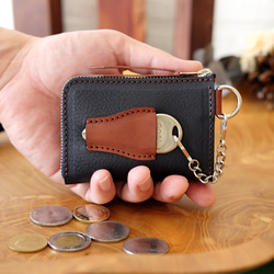 鍵も仕舞える小さい財布（ブルーベリーチョコ）コンパクトキーケースパスケース定期入れバレンタイン皮革レザーセカンド財布ミニ 4枚目の画像