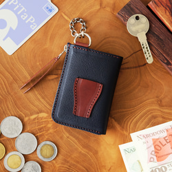 鍵も仕舞える小さい財布（ブルーベリーチョコ）コンパクトキーケースパスケース定期入れバレンタイン皮革レザーセカンド財布ミニ 2枚目の画像