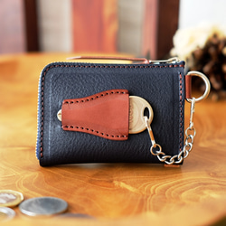 鍵も仕舞える小さい財布（ブルーベリーチョコ）コンパクトキーケースパスケース定期入れバレンタイン皮革レザーセカンド財布ミニ 1枚目の画像