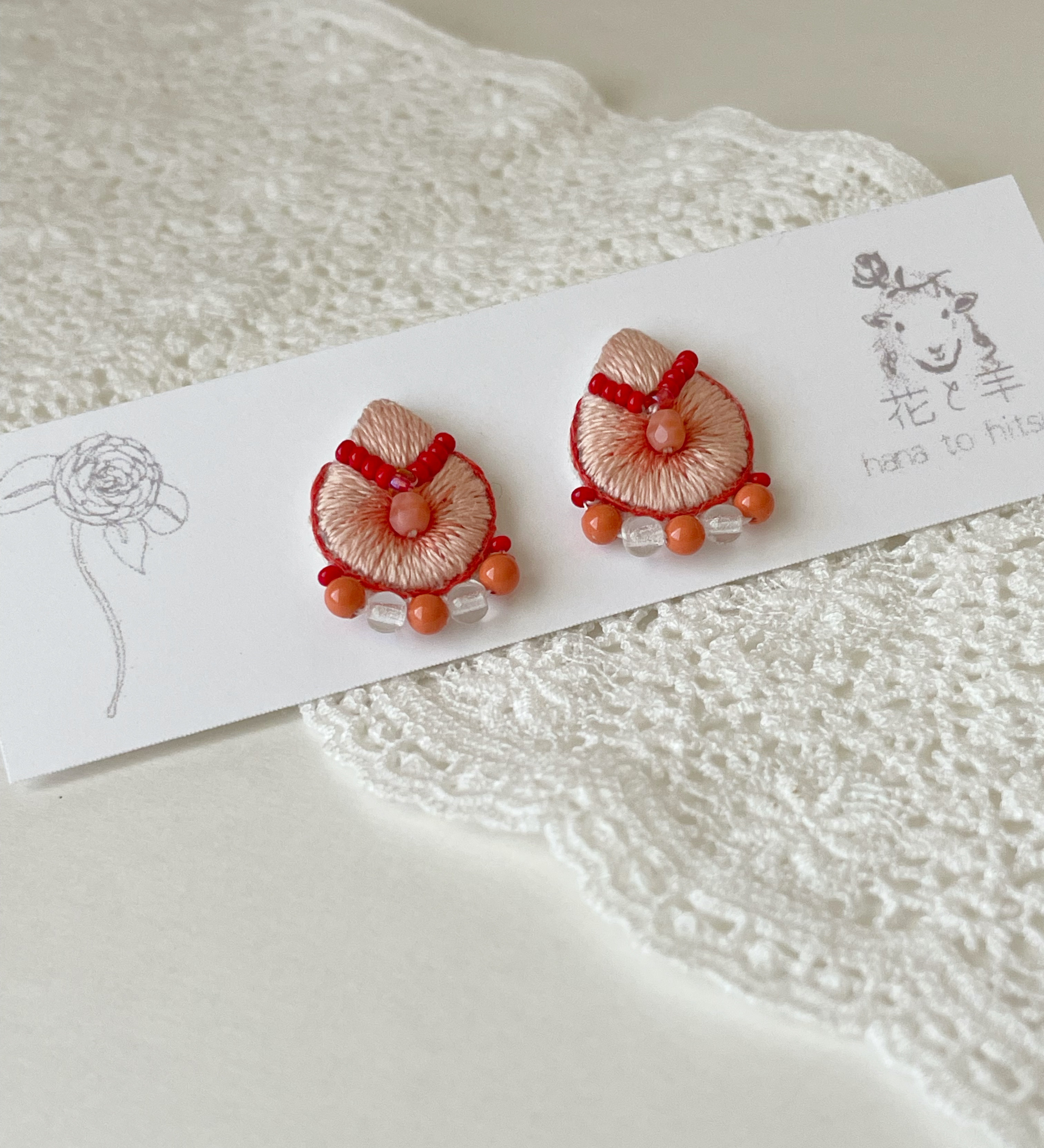 珊瑚 雫型 刺繍ピアス／イヤリング 【受注制作】 ピアス（スタッド・一 