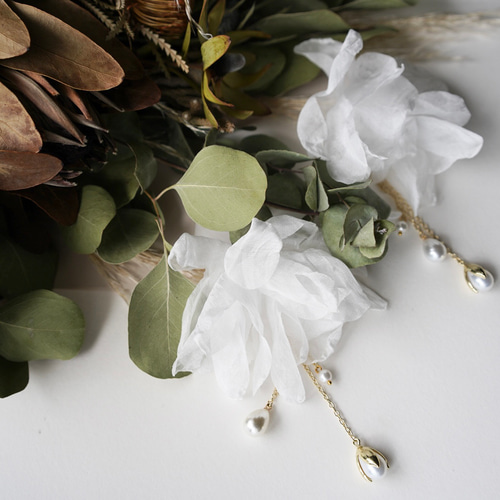 048 オーガンジーフラワー雫パール 結婚式 花嫁 アクセサリー ピアス