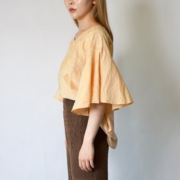 刺繡褶邊袖T卹/橙色/三河紡織 第6張的照片