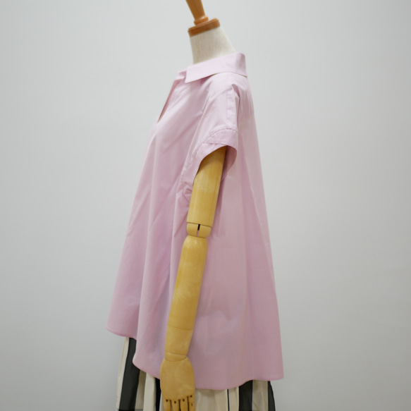 【二の腕がしっかり隠れる】スカートにもパンツにもとてもあわせやすい衿付きブラウス　洗える 綿100％　ピンク 5枚目の画像