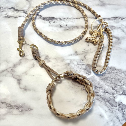 パラコード犬用カフェリード首輪のセット ゴールド金具 骨っこチャーム