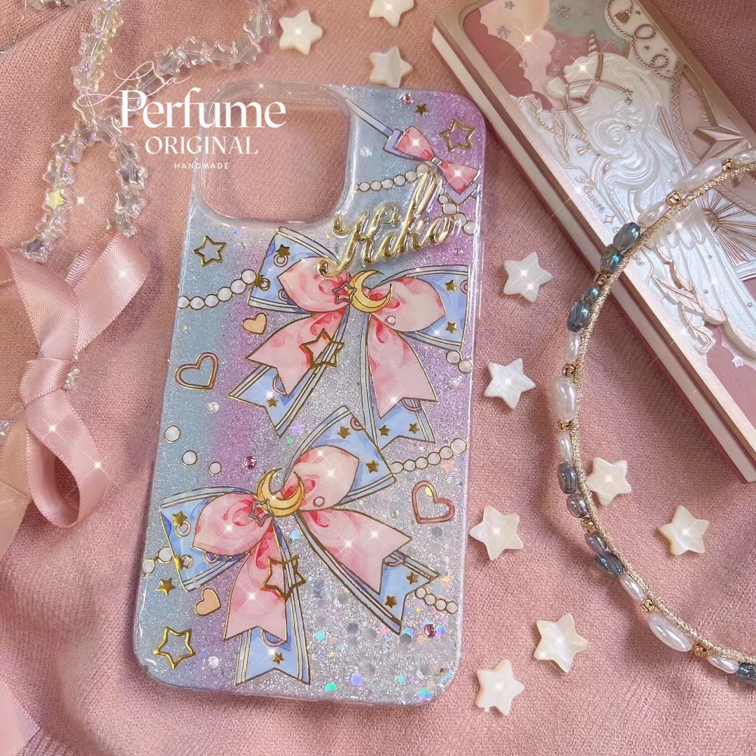 名入れ リボン ムーンキラキラ✨ニュアンス くすみ グラデーション イニシャル スマホケース 月