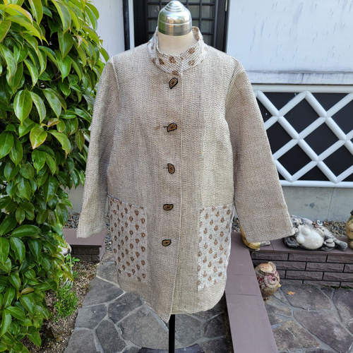 着物リメイク 古布 手作り ゴリ麻、あかそ 総刺し子 上着 ワンピース  