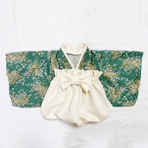 即発送】ベビー袴 ハンドメイド ベビー着物 ベージュ青白花柄 白