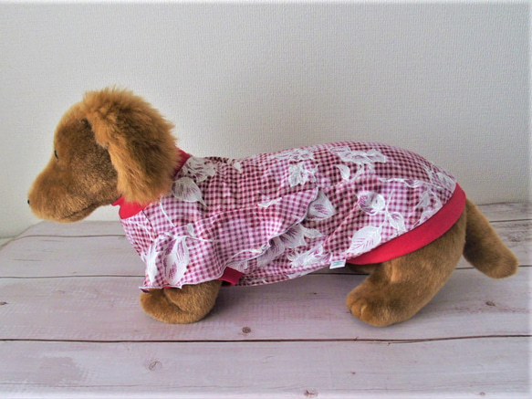 犬服「フリルスリーブ・白花×ピンク」ドッグウェア ペット服 薄手 可愛い お出かけ 散歩 犬 ペット ピンク系 花柄 8枚目の画像