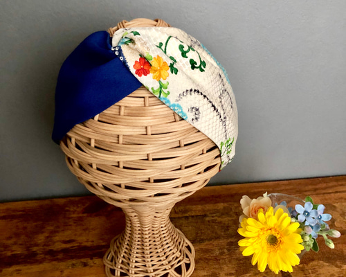 専用　着物クロスターバン　普通サイズ 着物のヘアターバン クロスタイプ ブルー×花々 サスティナブル バイ