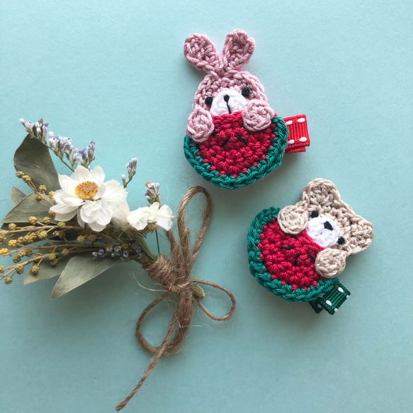 スイカくまさん♡うさぎさん♡ベビーヘアクリップ ヘアゴム ハンドメイド商品 スイカくまさん♡うさぎさん♡ベビーヘアクリップ ヘアゴム