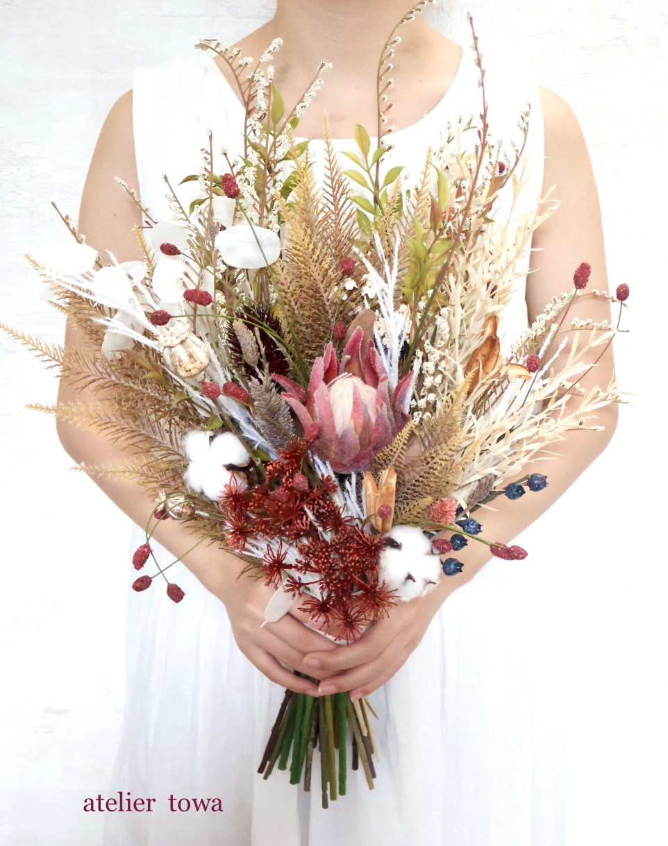 吾亦紅プロテアブーケ ブートニアセット ウェディングブーケ Ω - 布  