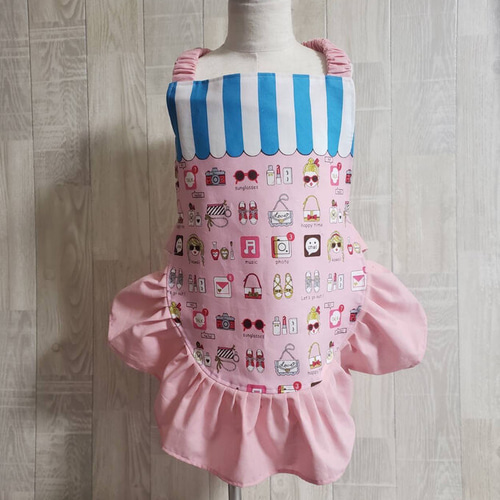 100〜120サイズ キッズ エプロン フリル 首ゴム 後ろゴム ピンク