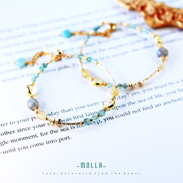 Molla 初夏鈦陽藍磷灰拉長石手鍊（手工訂製-可調式手環） 第3張的照片