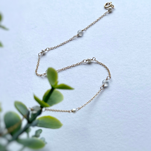 14kgf Station Necklace レインボームーンストーンと淡水パール