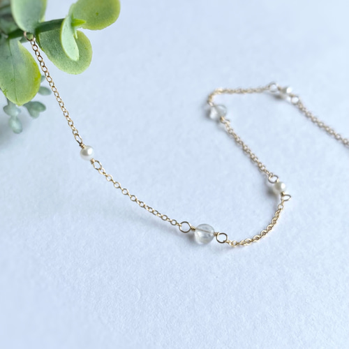 14kgf Station Necklace レインボームーンストーンと淡水パール