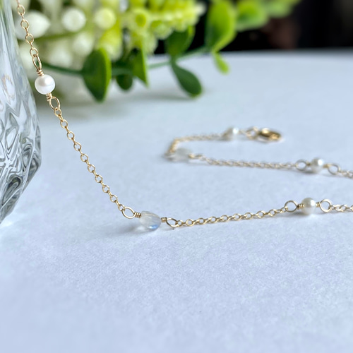 14kgf Station Necklace レインボームーンストーンと淡水パール