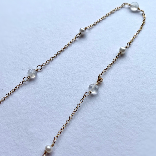 14kgf Station Necklace レインボームーンストーンと淡水パール