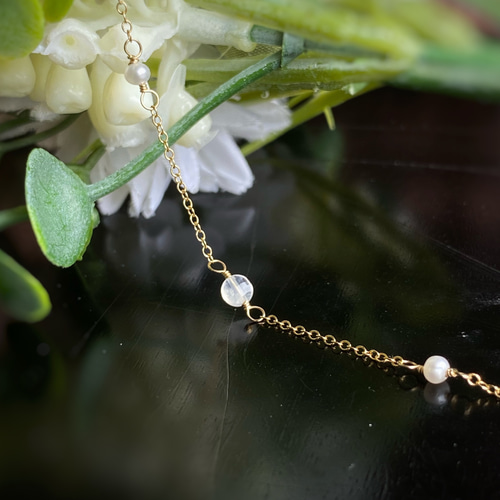 14kgf Station Necklace レインボームーンストーンと淡水パール