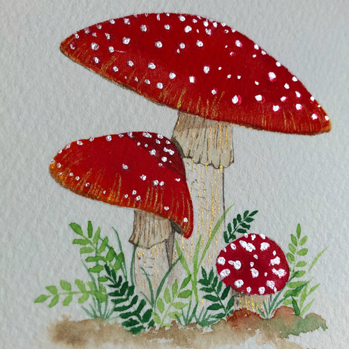 ベニテングタケ きのこ 真珠光沢水彩原画 イラスト ギフト 絵画