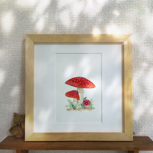 ベニテングタケ きのこ 真珠光沢水彩原画 イラスト ギフト 絵画