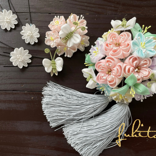 正絹羽二重つまみ細工 ラムネ色の髪飾りセット ヘッドドレス