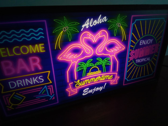 フラミンゴ ヤシの木 ビーチ 南国 カフェ バー パブ サイン 看板  ハワイアン雑貨 置物 雑貨 LEDライトBOX 2枚目の画像